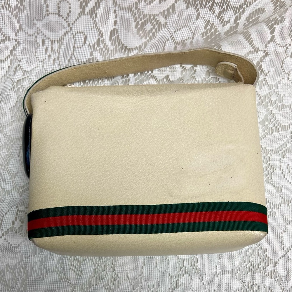 Vintage, Gucci, Small Cream Leather w/ Sherry Line Strap Handbag 9in x 6in x 3in - Picture 9 of 11
